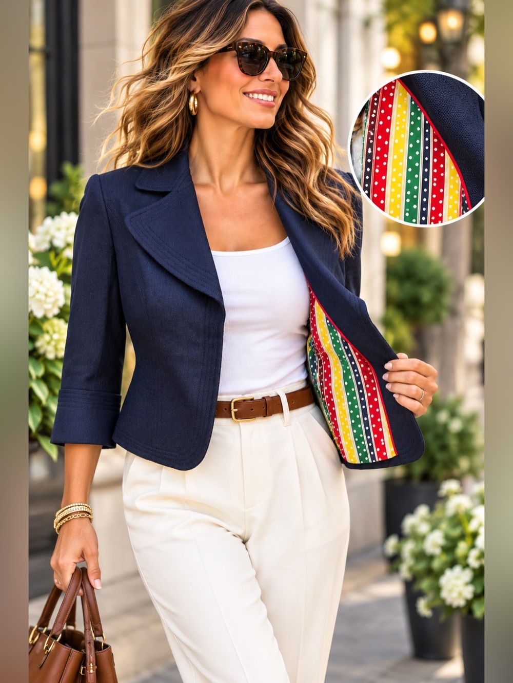 Boden Navy Cropped Blazer 3/4 Sleeve Colorful Polka Dot Lining US 6R